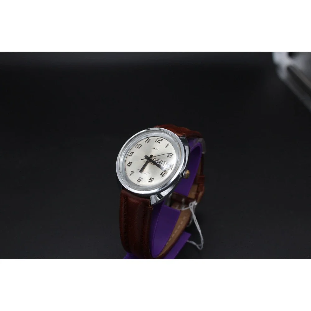 Vintage Timex Automatic Day-Date Men's Watch – Silver Dial, New Leather Strap